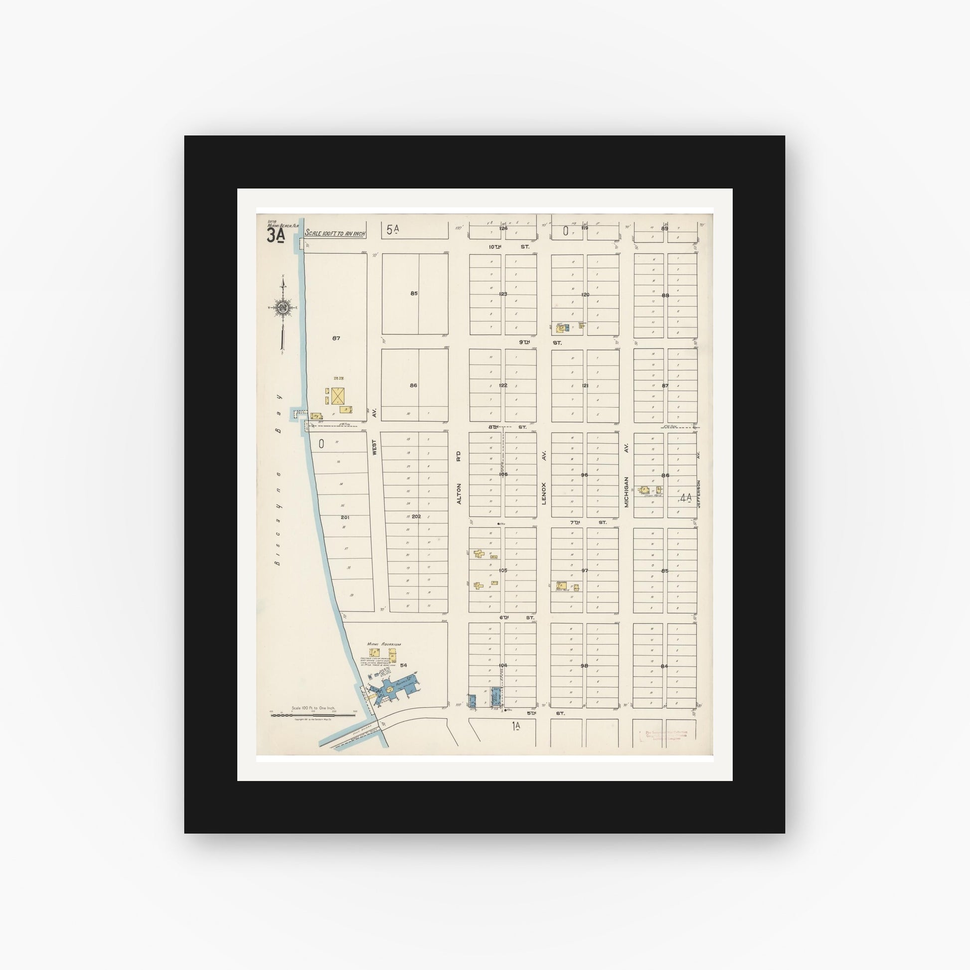 Old map wall art mockup — black gallery frame with white mat — Sanborn Fire Insurance Map from Miami Beach, Dade County, Florida (1921), Sheet #0003