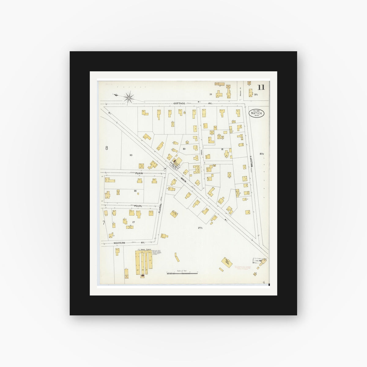 Old map wall art mockup — black gallery frame with white mat — Sanborn Fire Insurance Map from Natick, Middlesex County, Massachusetts (1899), Sheet #0011