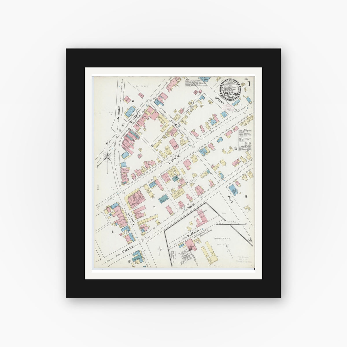Old map wall art mockup — black gallery frame with white mat — Sanborn Fire Insurance Map from Doylestown, Bucks County, Pennsylvania (1891) - Complete Map Set