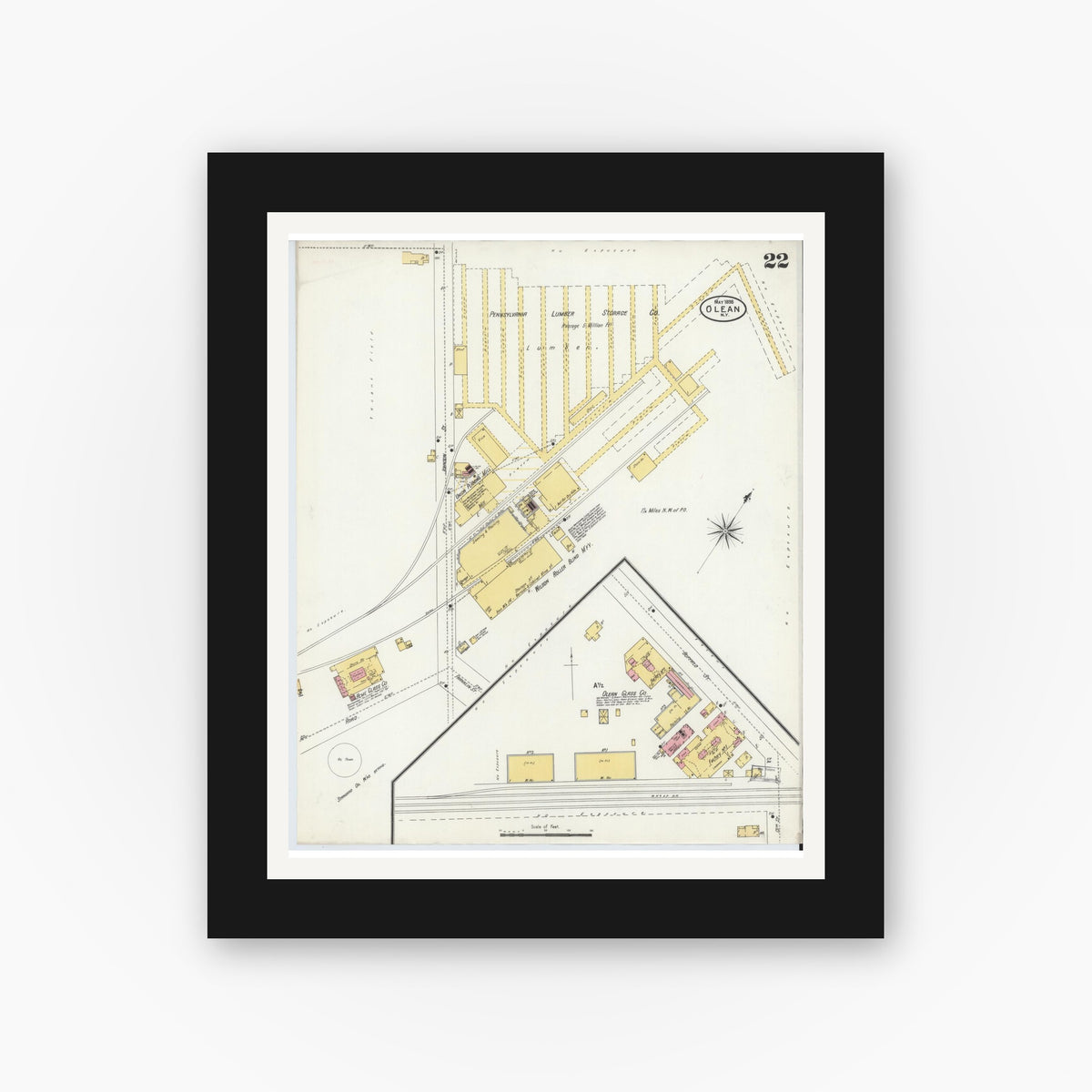 Old map wall art mockup — black gallery frame with white mat — Sanborn Fire Insurance Map from Olean, Cattaraugus County, New York (1898), Sheet #0022