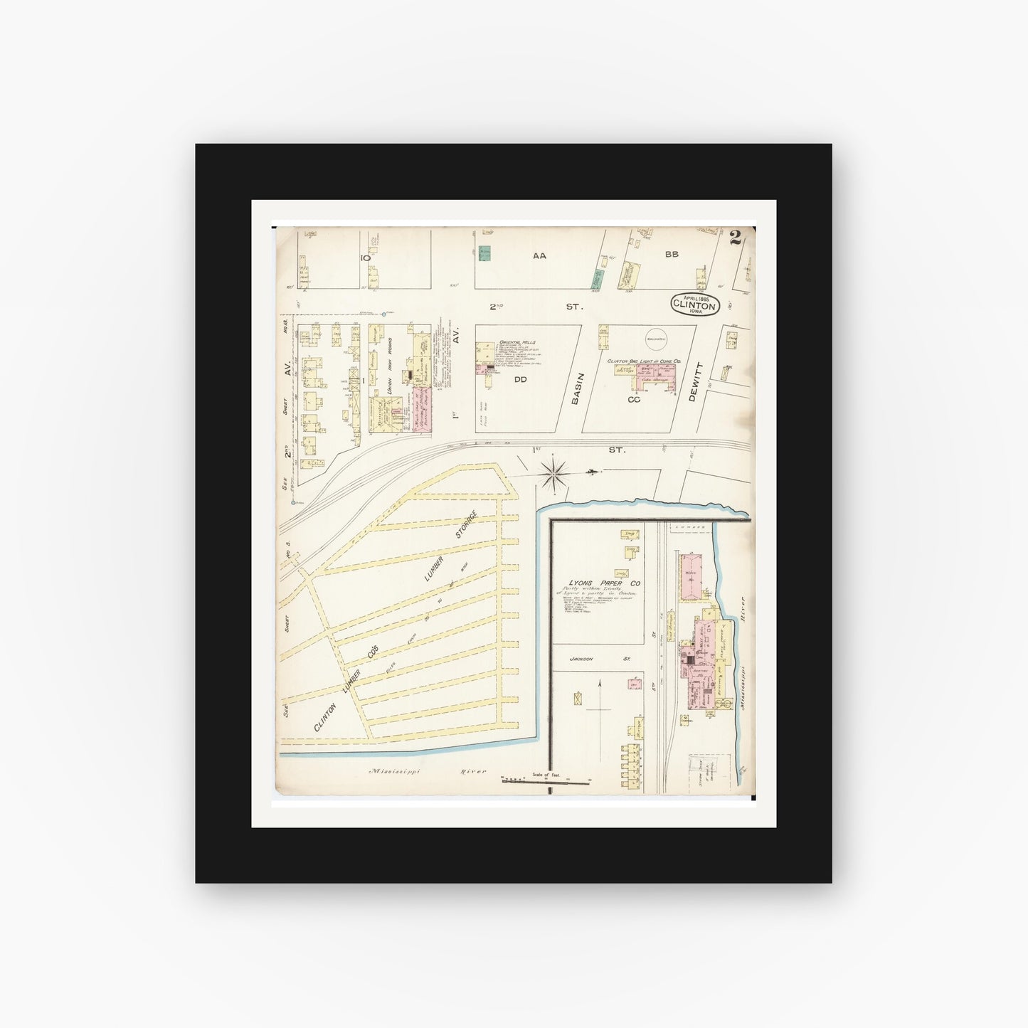 Old map wall art mockup — black gallery frame with white mat — Sanborn Fire Insurance Map from Clinton, Clinton County, Iowa (1885), Sheet #0002