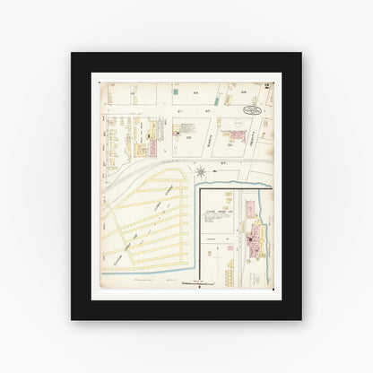 Old map wall art mockup — black gallery frame with white mat — Sanborn Fire Insurance Map from Clinton, Clinton County, Iowa (1885), Sheet #0002