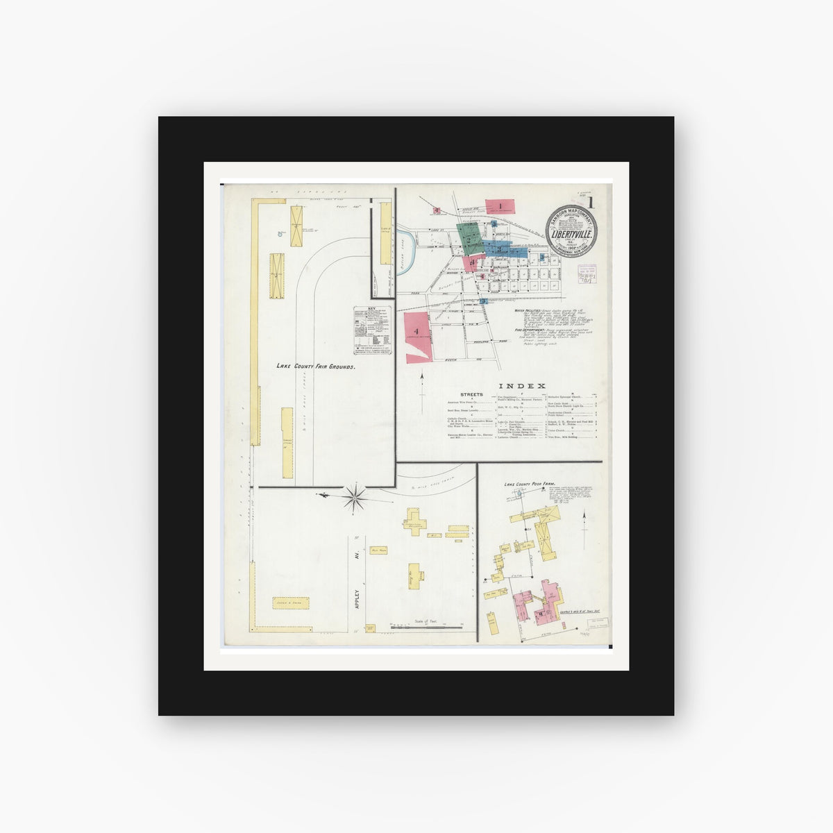 Old map wall art mockup — black gallery frame with white mat — Sanborn Fire Insurance Map from Libertyville, Lake County, Illinois (1907) - Complete Map Set