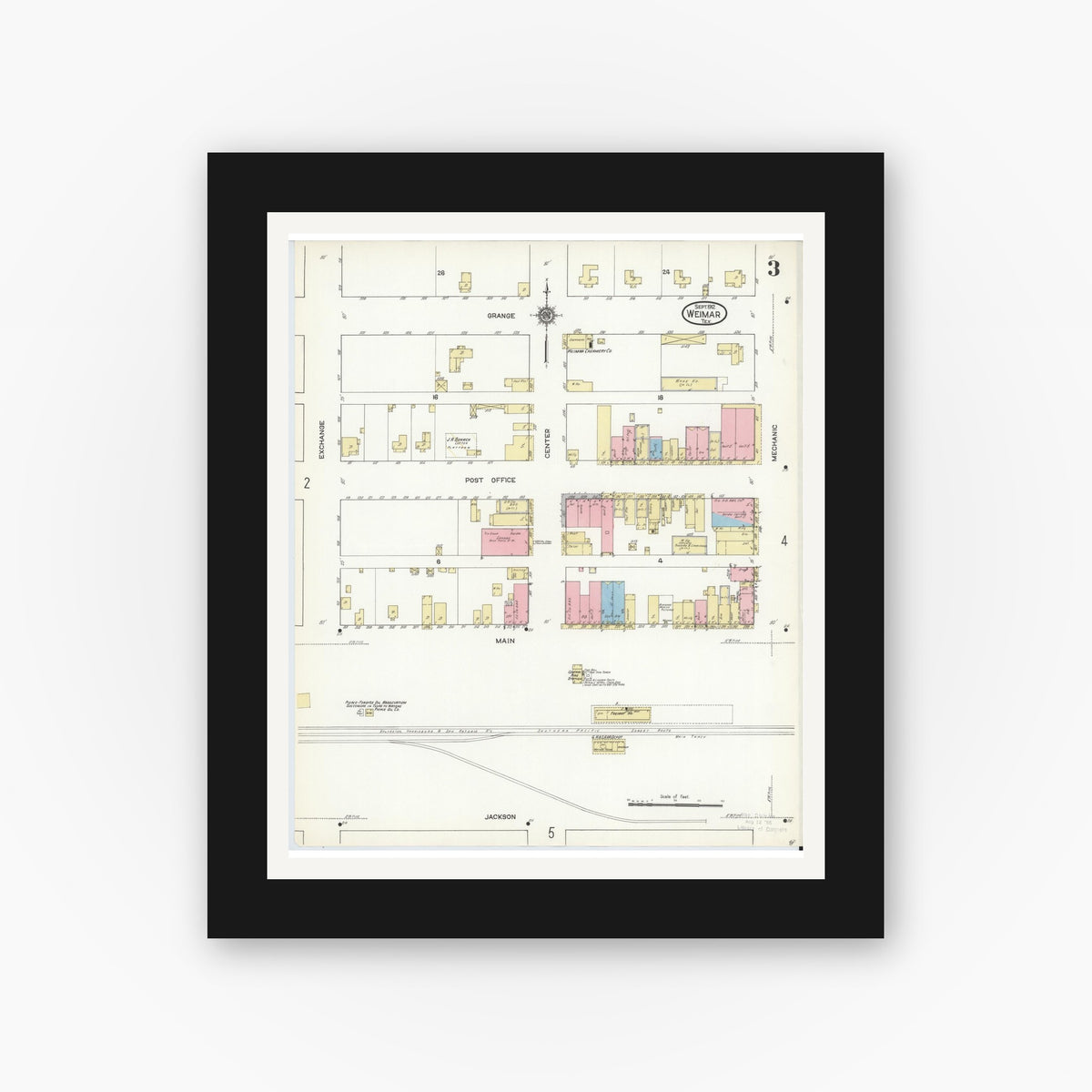 Old map wall art mockup — black gallery frame with white mat — Sanborn Fire Insurance Map from Weimar, Colorado County, Texas (1912), Sheet #0003