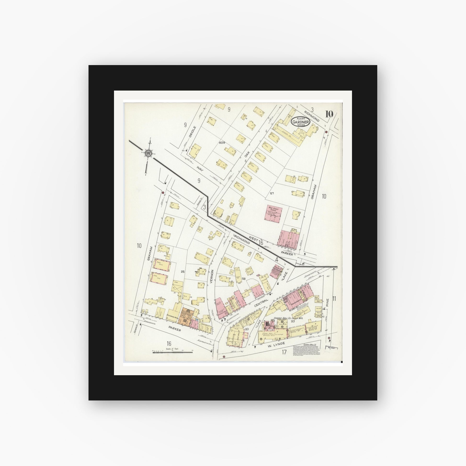 Old map wall art mockup — black gallery frame with white mat — Sanborn Fire Insurance Map from Gardner, Worcester County, Massachusetts (1914), Sheet #0010