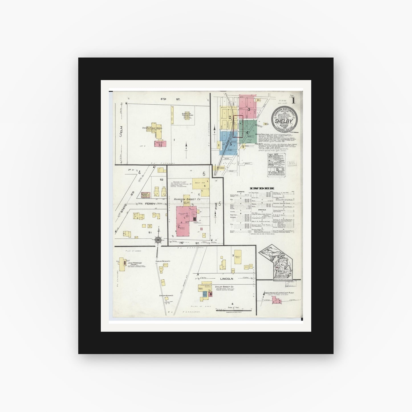 Old map wall art mockup — black gallery frame with white mat — Sanborn Fire Insurance Map from Shelby, Oceana County, Michigan (1920) - Complete Map Set