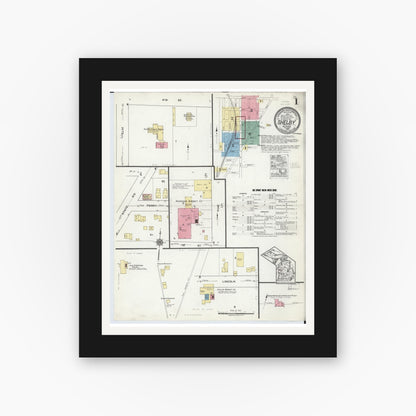 Old map wall art mockup — black gallery frame with white mat — Sanborn Fire Insurance Map from Shelby, Oceana County, Michigan (1920) - Complete Map Set