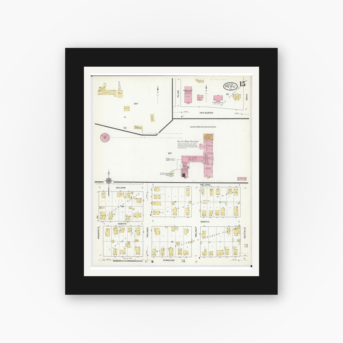 Old map wall art mockup — black gallery frame with white mat — Sanborn Fire Insurance Map from Peru, La Salle County, Illinois (1916), Sheet #0015