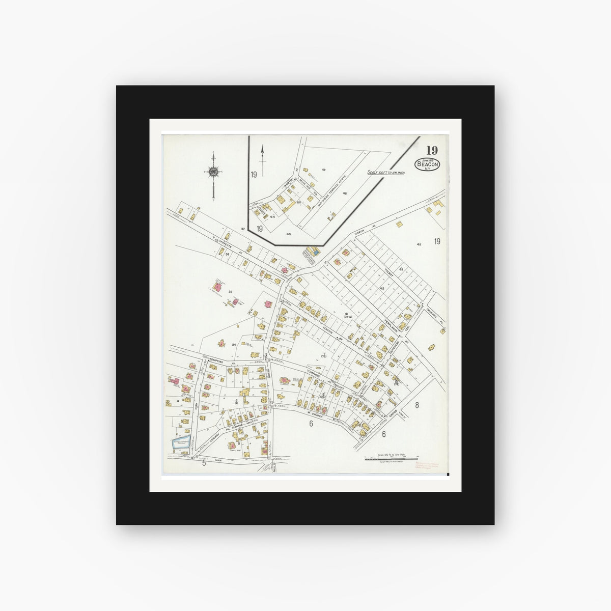 Old map wall art mockup — black gallery frame with white mat — Sanborn Fire Insurance Map from Beacon, Dutchess County, New York (1919), Sheet #0019