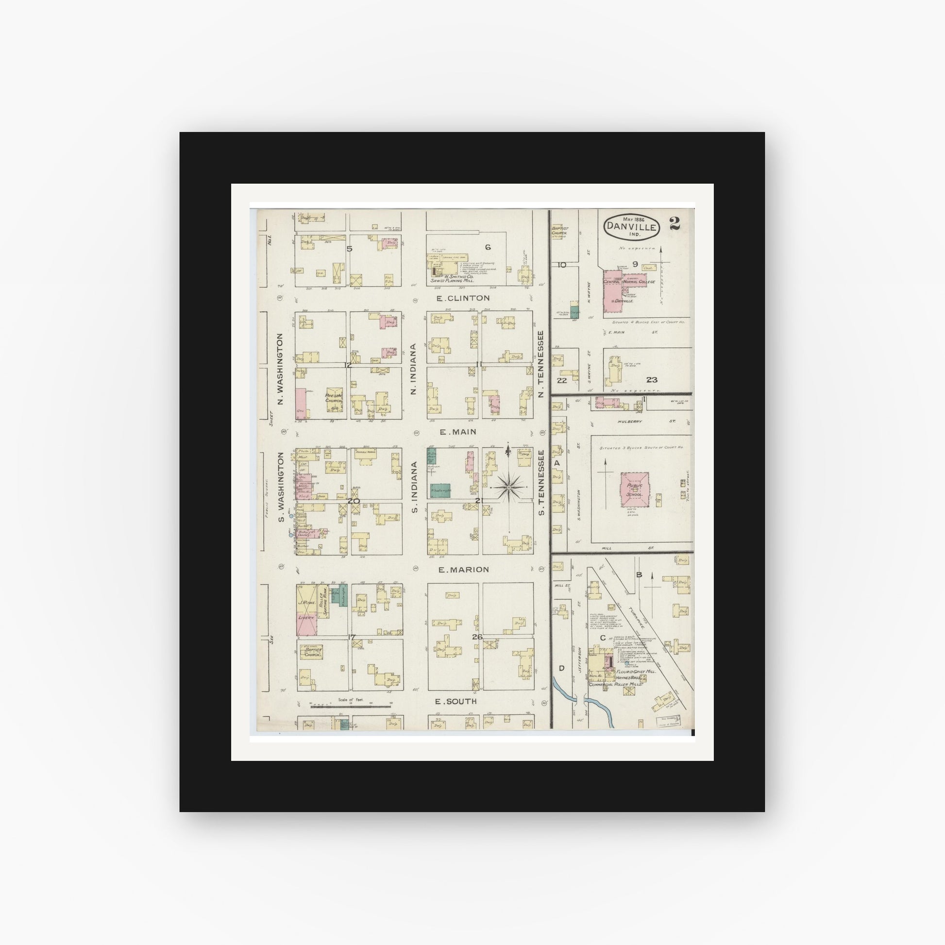 Old map wall art mockup — black gallery frame with white mat — Sanborn Fire Insurance Map from Danville, Hendricks County, Indiana (1886), Sheet #0002