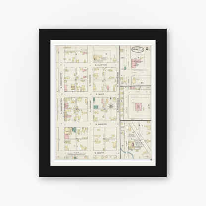 Old map wall art mockup — black gallery frame with white mat — Sanborn Fire Insurance Map from Danville, Hendricks County, Indiana (1886), Sheet #0002