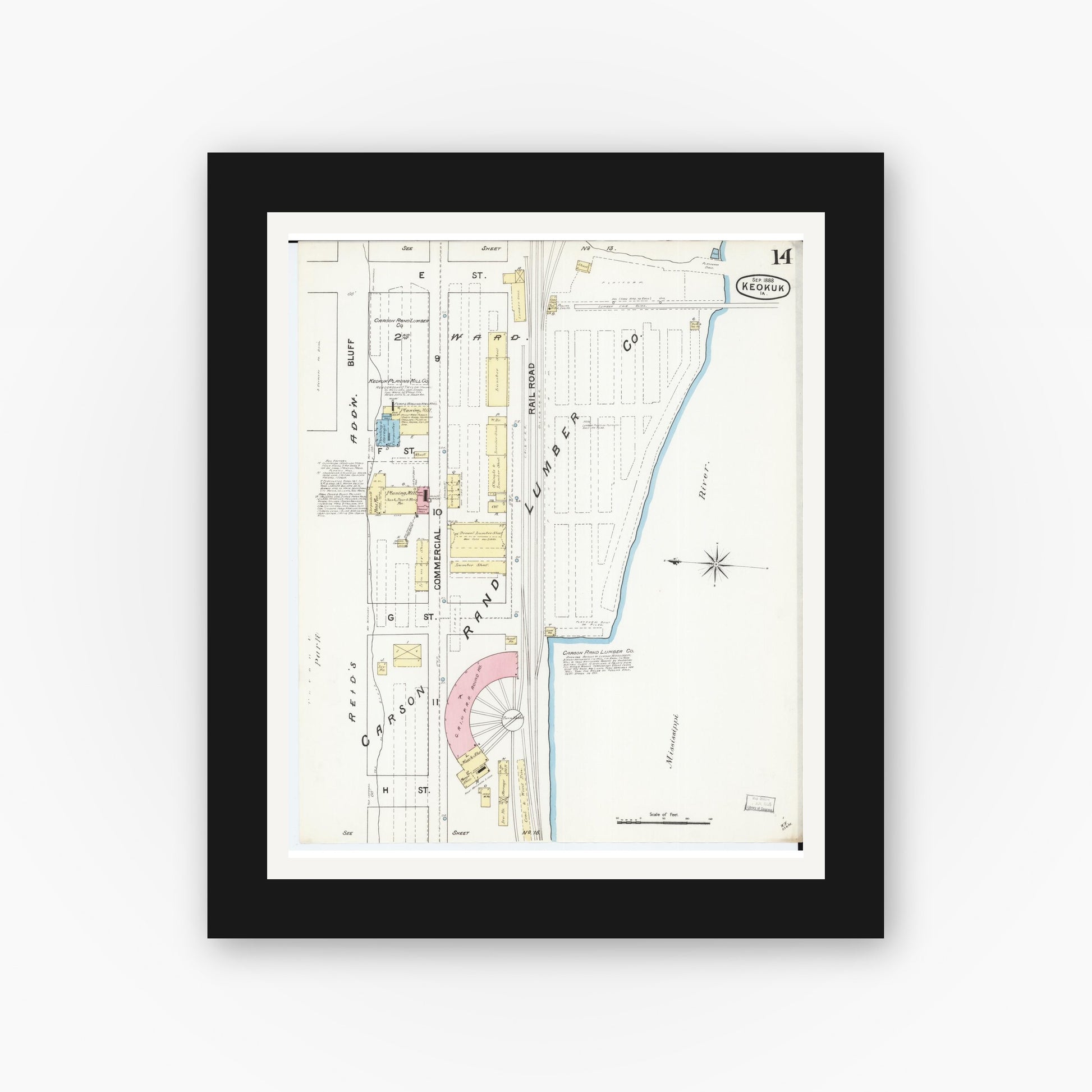 Old map wall art mockup — black gallery frame with white mat — Sanborn Fire Insurance Map from Keokuk, Lee County, Iowa (1888), Sheet #0014