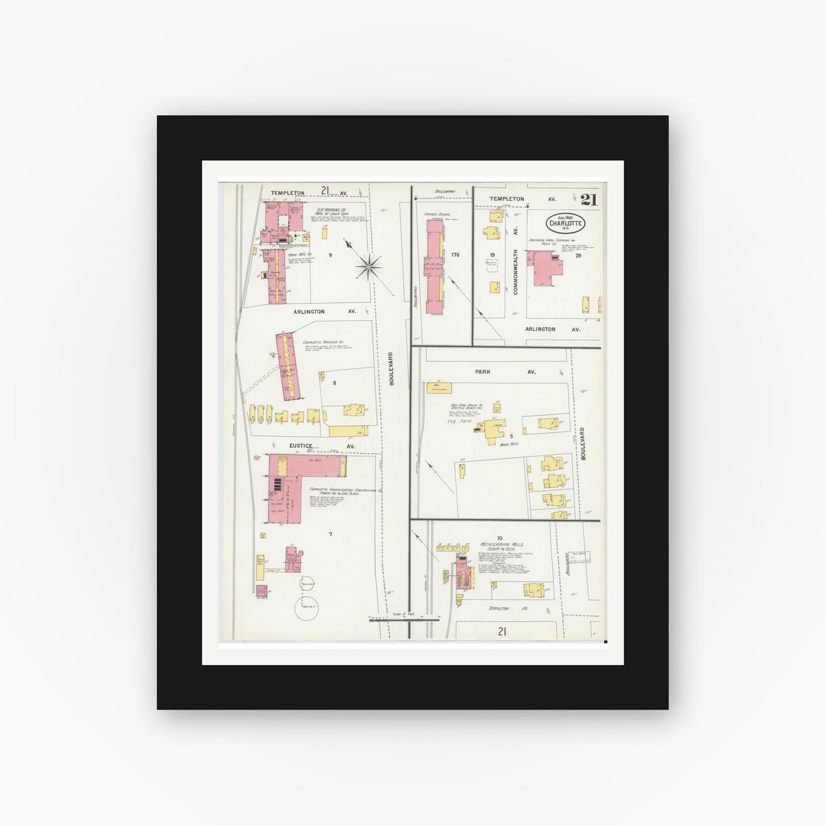 Old map wall art mockup — black gallery frame with white mat — Sanborn Fire Insurance Map from Charlotte, Mecklenburg County, North Carolina (1900), Sheet #0021