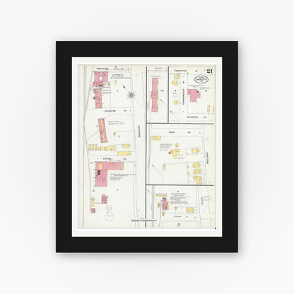 Old map wall art mockup — black gallery frame with white mat — Sanborn Fire Insurance Map from Charlotte, Mecklenburg County, North Carolina (1900), Sheet #0021