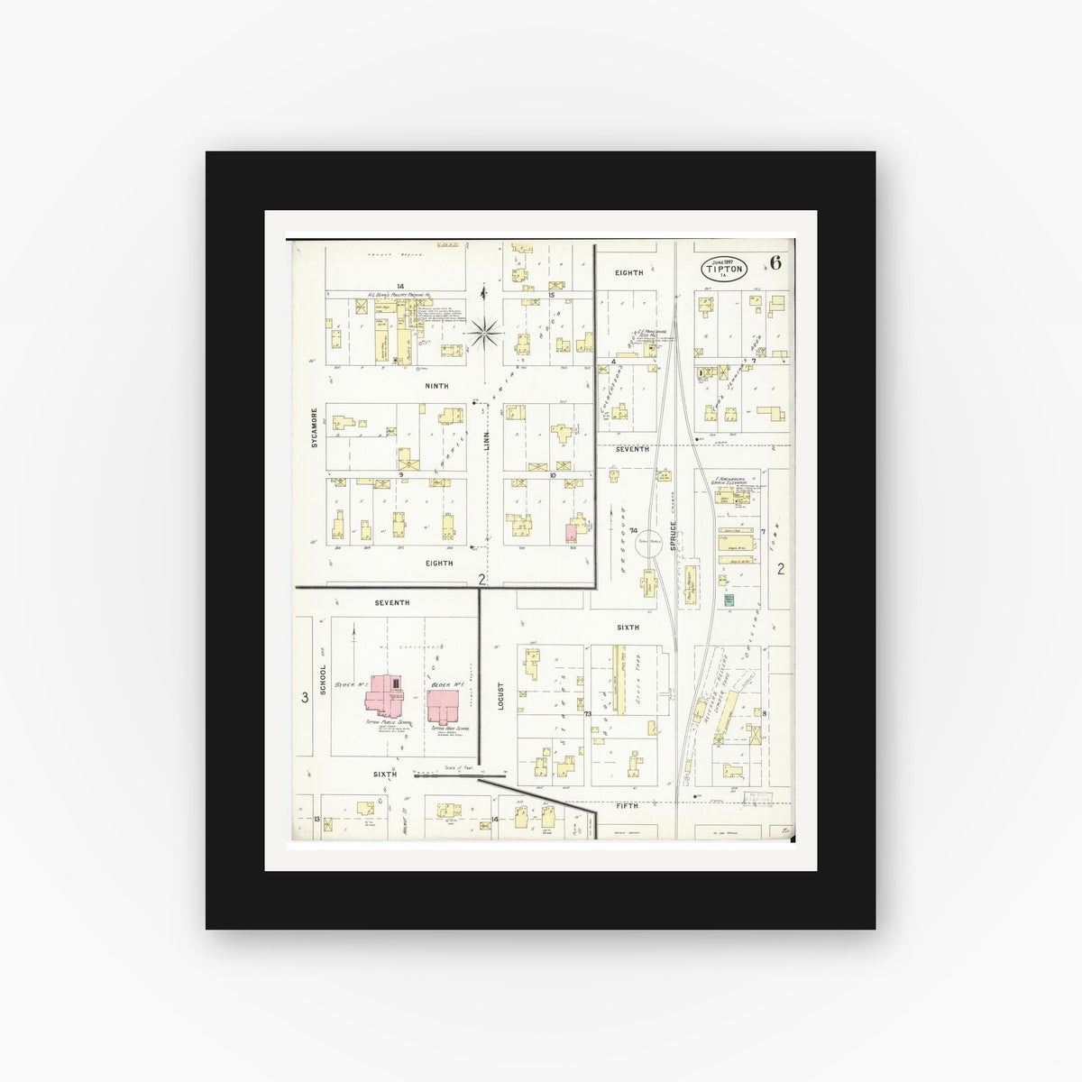 Old map wall art mockup — black gallery frame with white mat — Sanborn Fire Insurance Map from Tipton, Cedar County, Iowa (1897), Sheet #0006