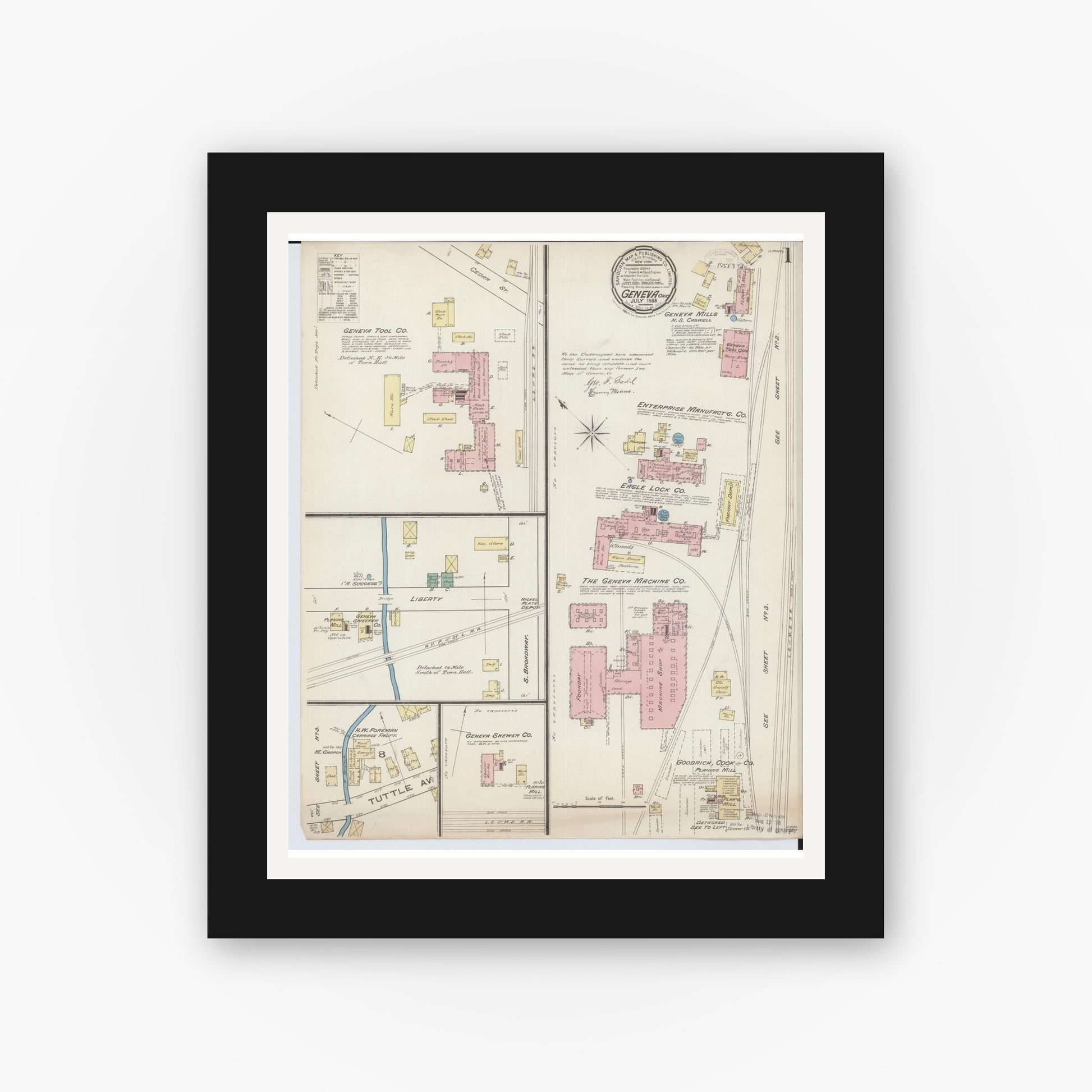 Old map wall art mockup — black gallery frame with white mat — Sanborn Fire Insurance Map from Geneva, Ashtabula County, Ohio (1885), Sheet #0001
