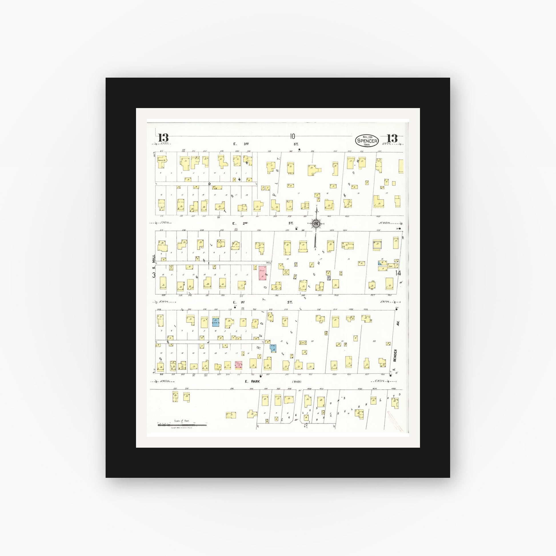 Old map wall art mockup — black gallery frame with white mat — Sanborn Fire Insurance Map from Spencer, Clay County, Iowa (1924), Sheet #0013