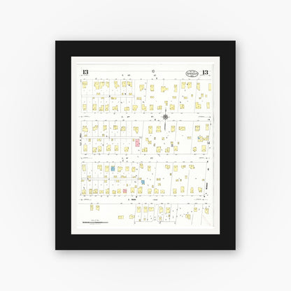Old map wall art mockup — black gallery frame with white mat — Sanborn Fire Insurance Map from Spencer, Clay County, Iowa (1924), Sheet #0013