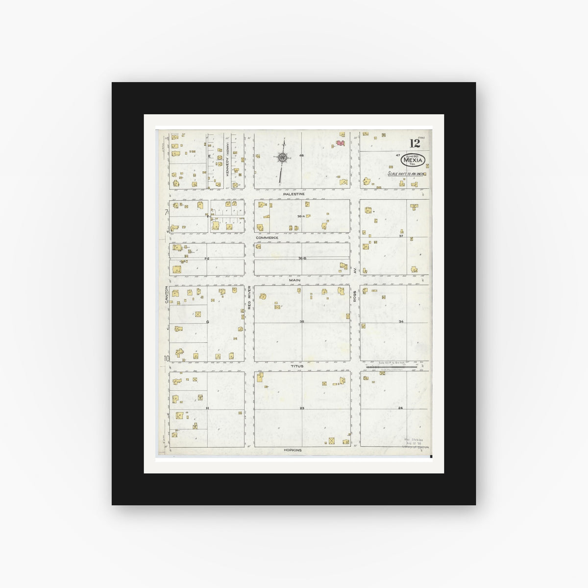 Old map wall art mockup — black gallery frame with white mat — Sanborn Fire Insurance Map from Mexia, Limestone County, Texas (1921), Sheet #0012