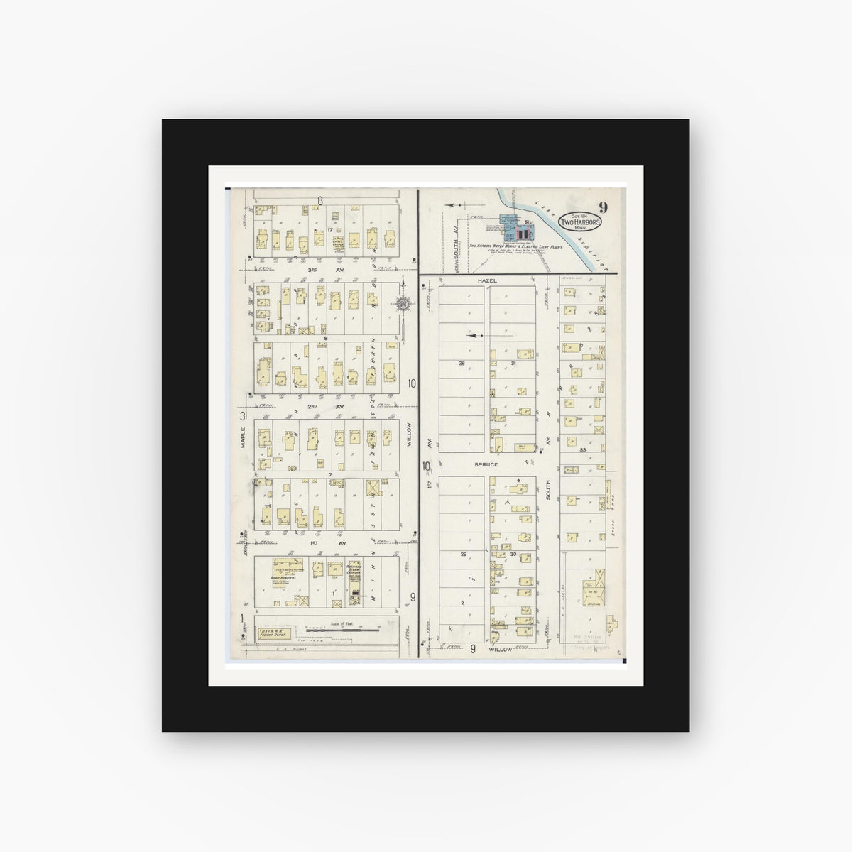 Old map wall art mockup — black gallery frame with white mat — Sanborn Fire Insurance Map from Two Harbors, Lake County, Minnesota (1914), Sheet #0009