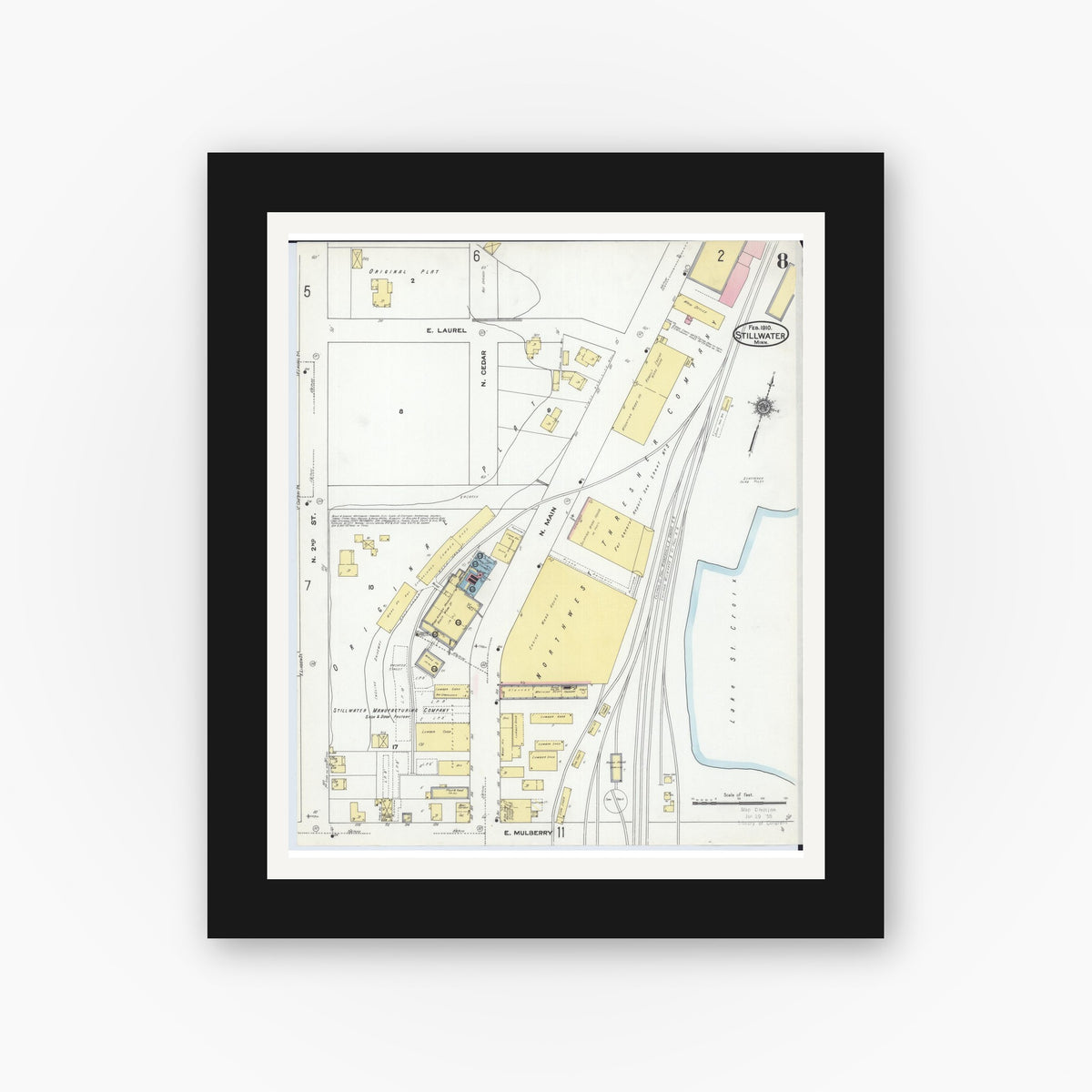 Old map wall art mockup — black gallery frame with white mat — Sanborn Fire Insurance Map from Stillwater, Washington County, Minnesota (1910), Sheet #0008
