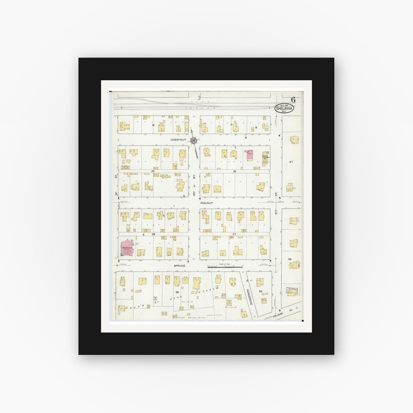 Old map wall art mockup — black gallery frame with white mat — Sanborn Fire Insurance Map from Shelbina, Shelby County, Missouri (1916), Sheet #0006
