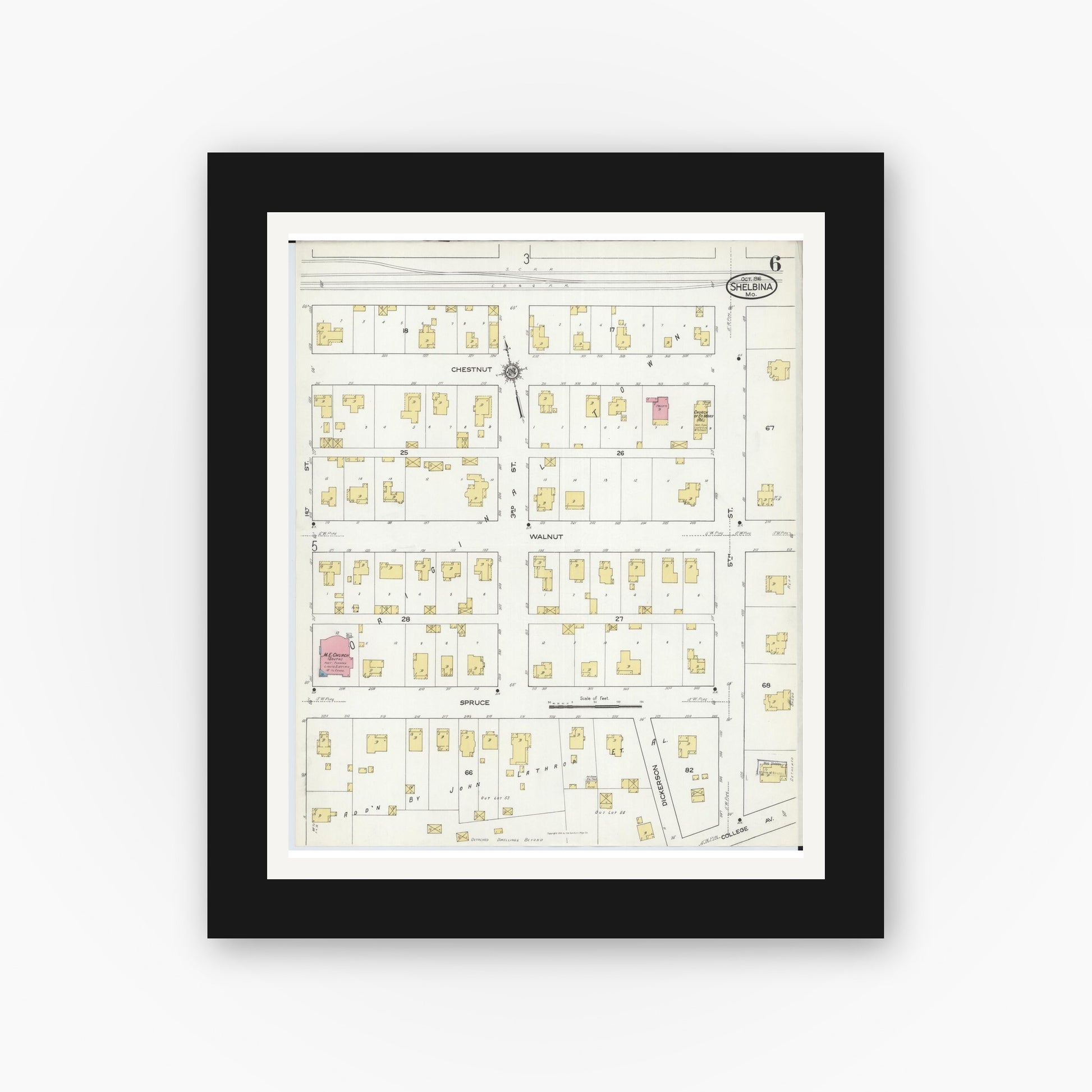 Old map wall art mockup — black gallery frame with white mat — Sanborn Fire Insurance Map from Shelbina, Shelby County, Missouri (1916), Sheet #0006