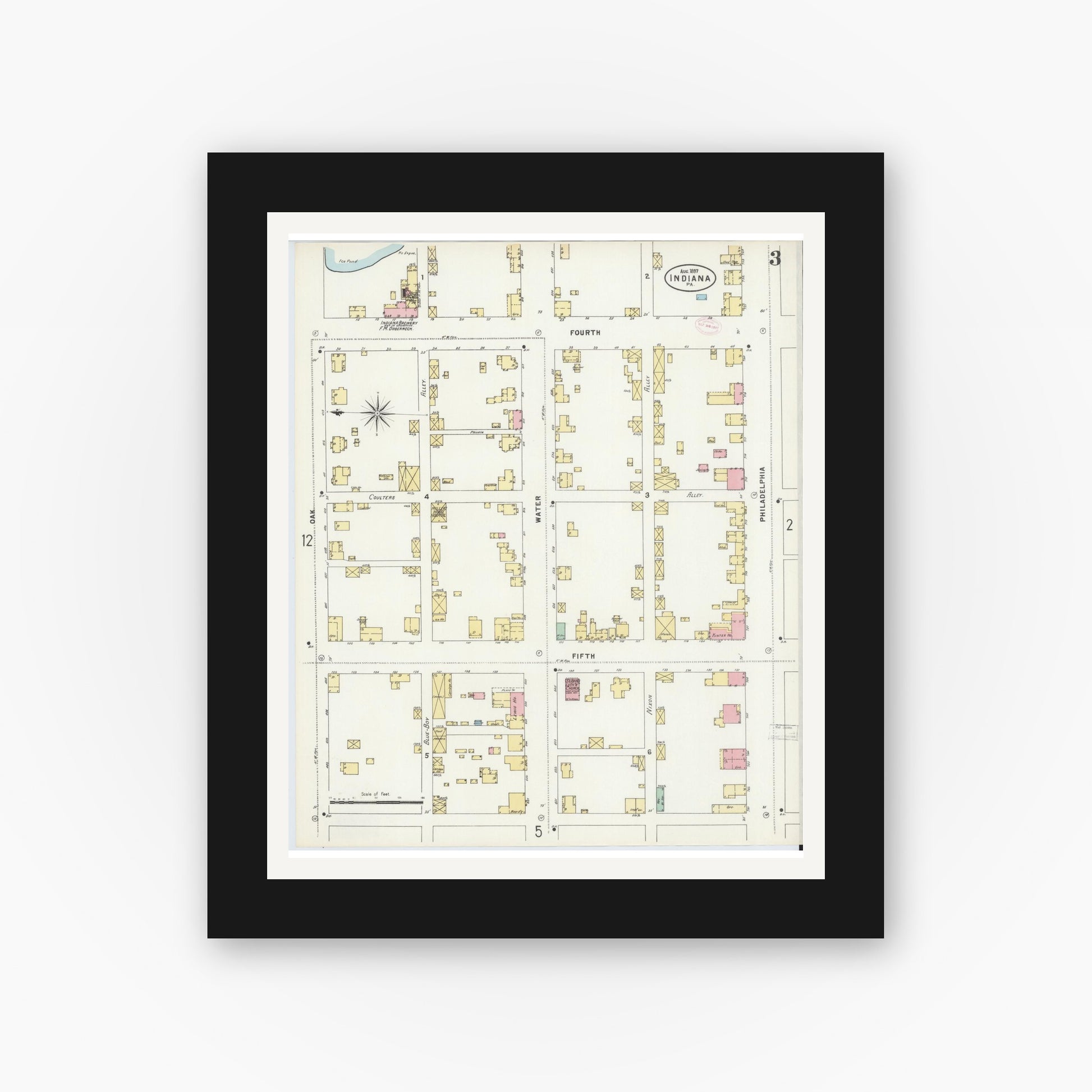 Old map wall art mockup — black gallery frame with white mat — Sanborn Fire Insurance Map from Indiana, Indiana County, Pennsylvania (1888), Sheet #0003