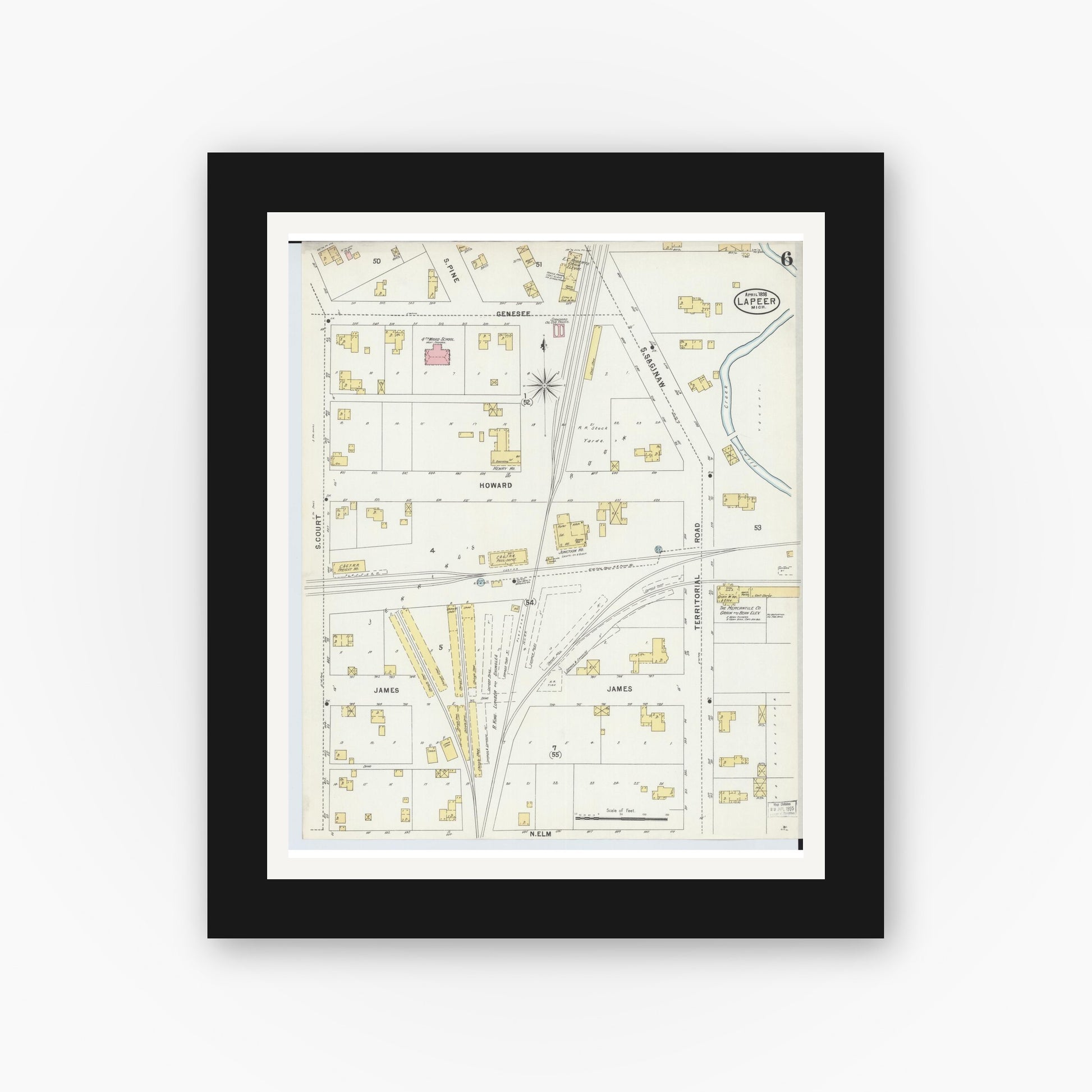 Old map wall art mockup — black gallery frame with white mat — Sanborn Fire Insurance Map from Lapeer, Lapeer County, Michigan (1898), Sheet #0006