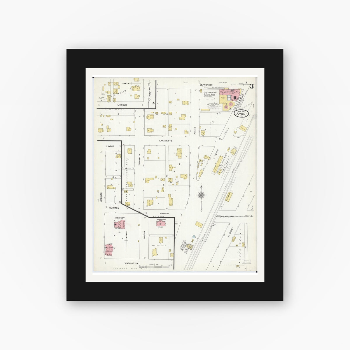 Old map wall art mockup — black gallery frame with white mat — Sanborn Fire Insurance Map from Avon, Fulton County, Illinois (1912), Sheet #0003