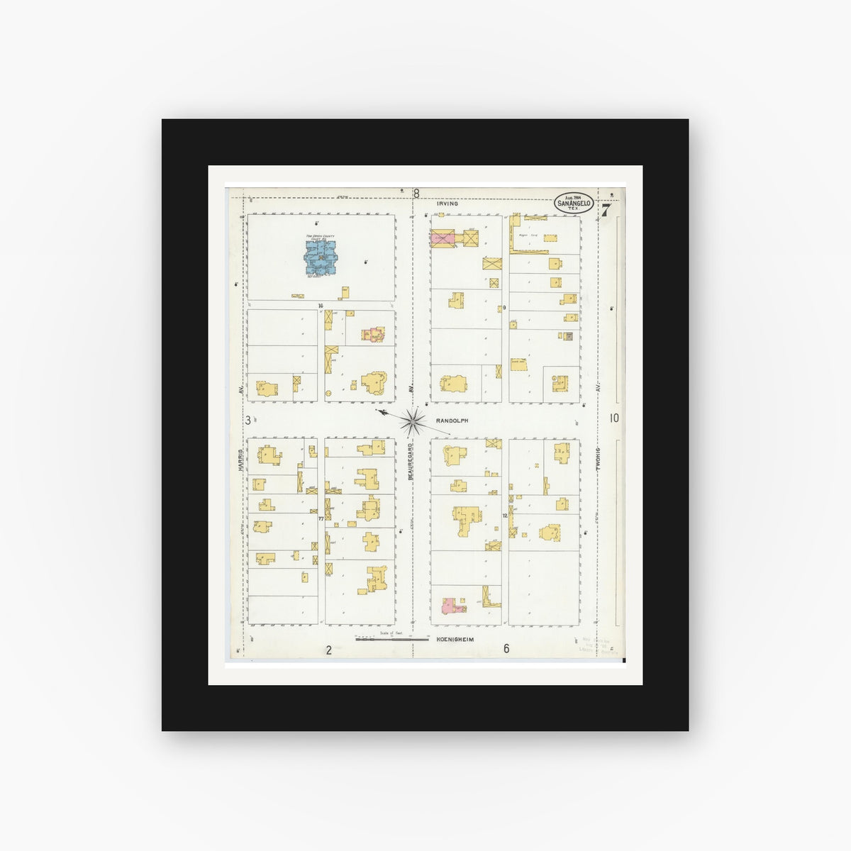 Old map wall art mockup — black gallery frame with white mat — Sanborn Fire Insurance Map from San Angelo, Tom Green County, Texas (1904), Sheet #0007