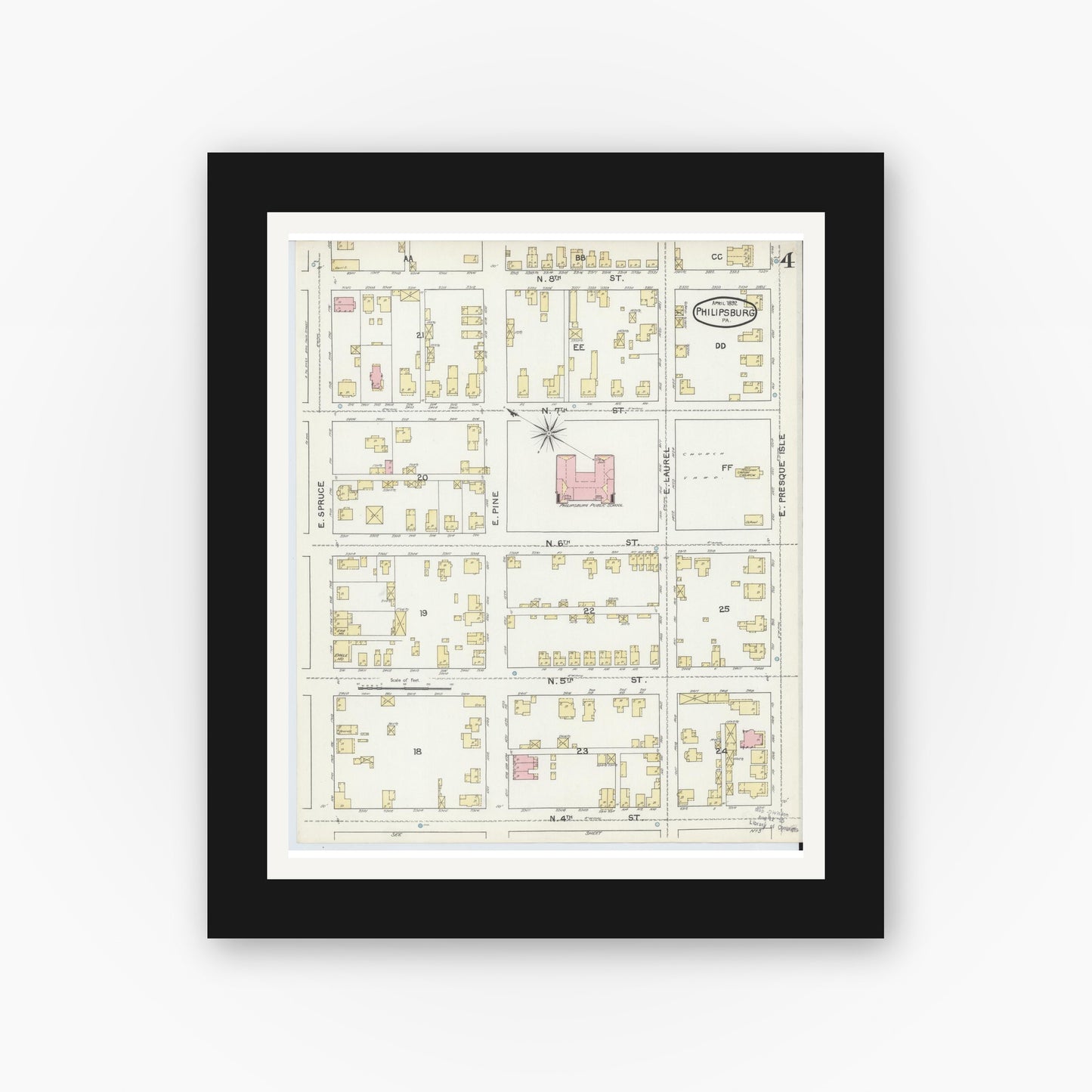 Old map wall art mockup — black gallery frame with white mat — Sanborn Fire Insurance Map from Philipsburg, Centre County, Pennsylvania (1892), Sheet #0004