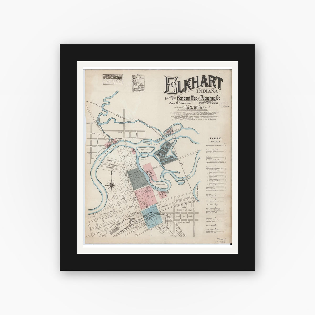 Old map wall art mockup — black gallery frame with white mat — Sanborn Fire Insurance Map from Elkhart, Elkhart County, Indiana (1885) - Complete Map Set
