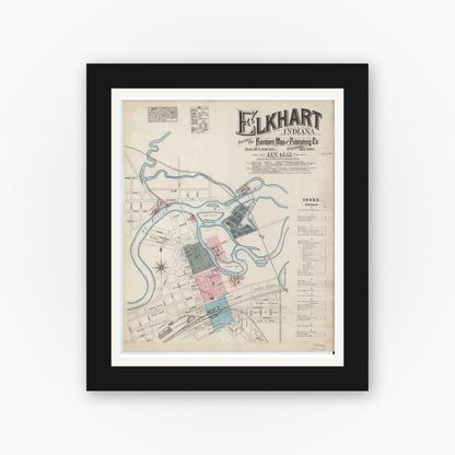 Old map wall art mockup — black gallery frame with white mat — Sanborn Fire Insurance Map from Elkhart, Elkhart County, Indiana (1885) - Complete Map Set