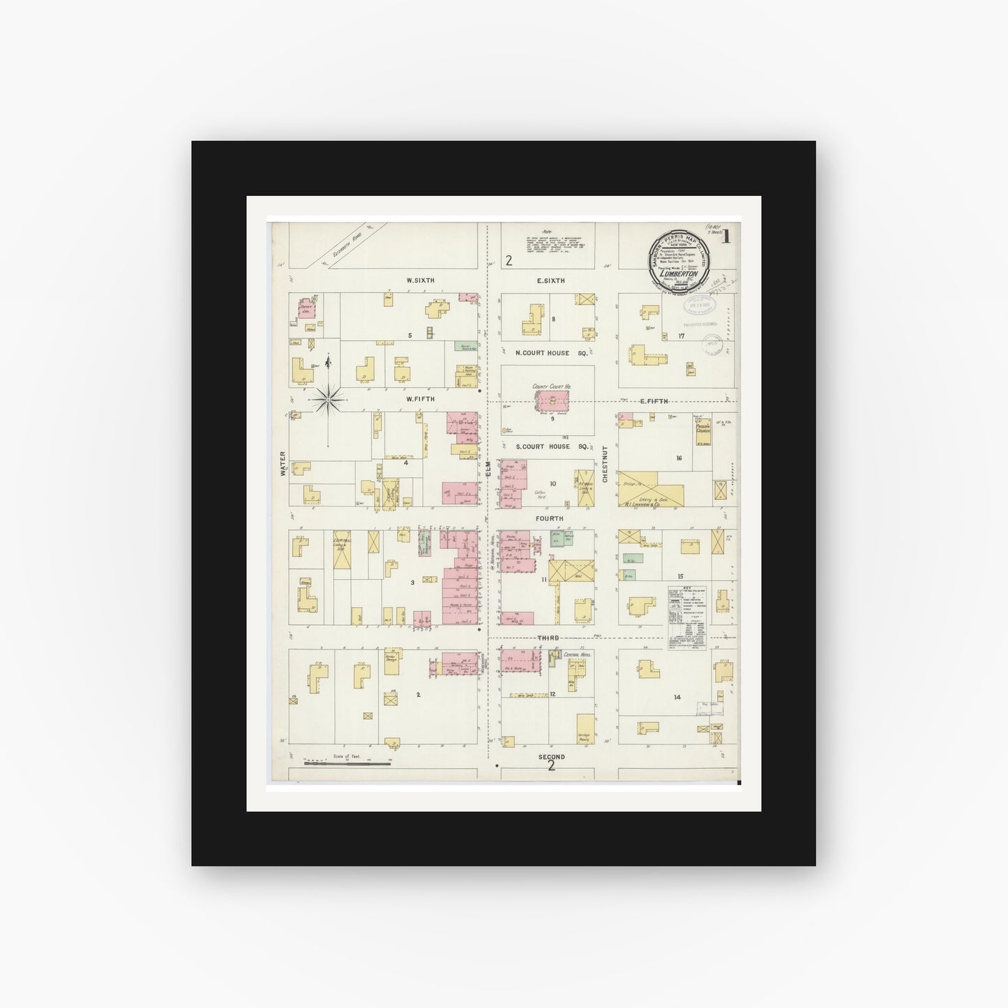 Old map wall art mockup — black gallery frame with white mat — Sanborn Fire Insurance Map from Lumberton, Robeson County, North Carolina (1898) - Complete Map Set