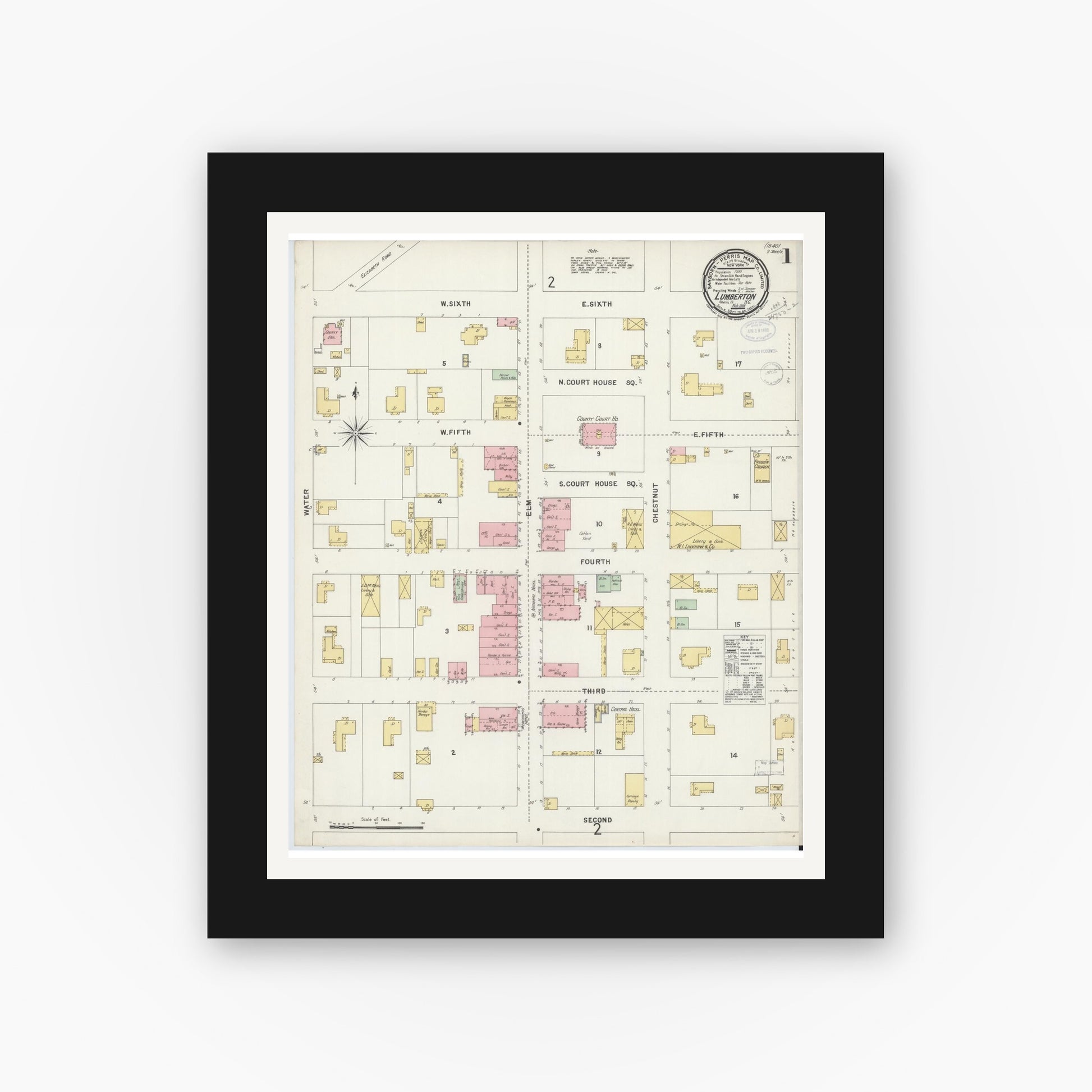 Old map wall art mockup — black gallery frame with white mat — Sanborn Fire Insurance Map from Lumberton, Robeson County, North Carolina (1898) - Complete Map Set