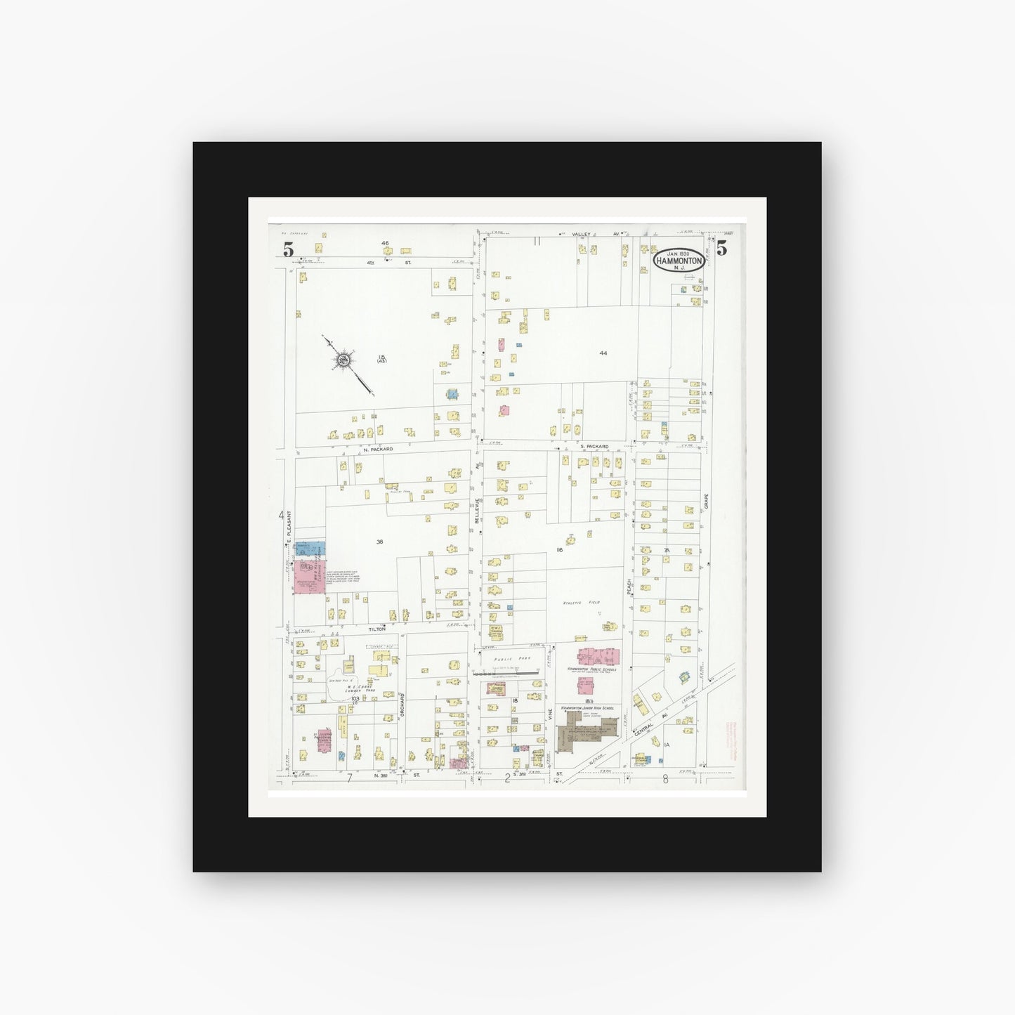 Old map wall art mockup — black gallery frame with white mat — Sanborn Fire Insurance Map from Hammonton, Atlantic County, New Jersey (1930), Sheet #0005