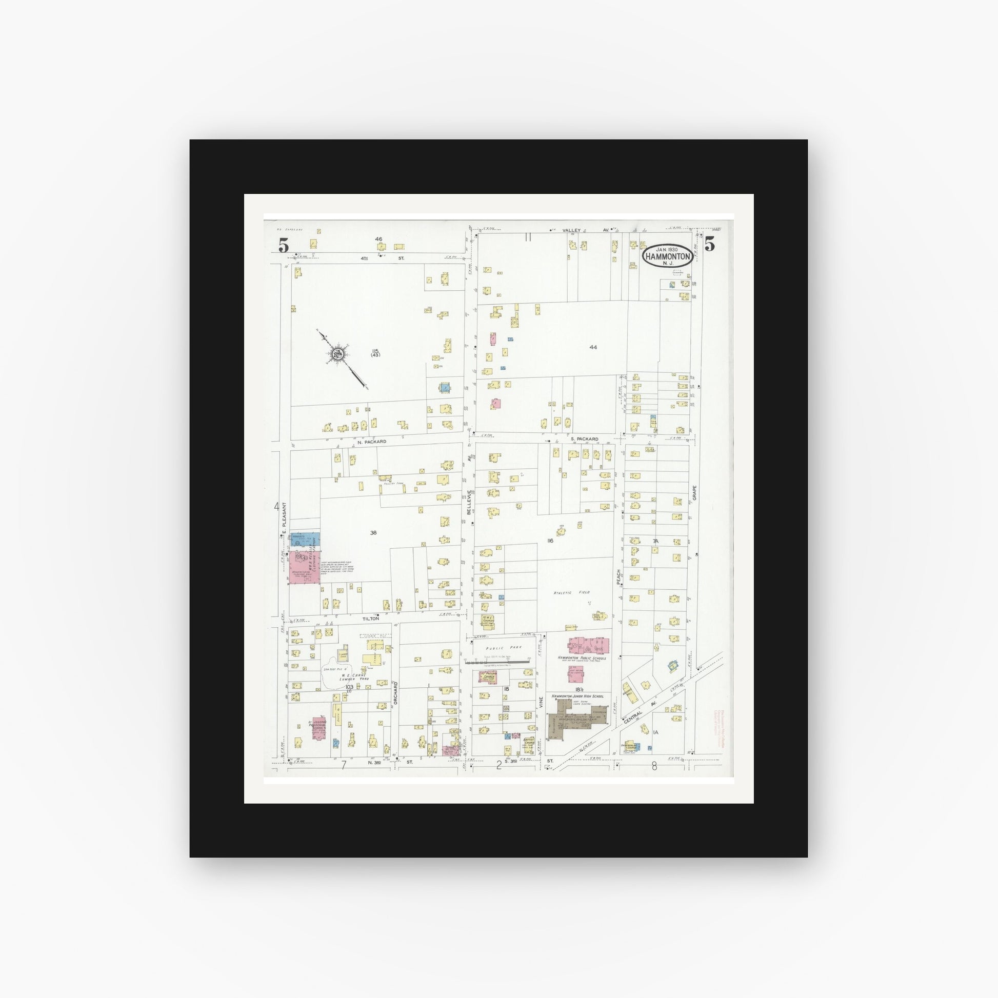 Old map wall art mockup — black gallery frame with white mat — Sanborn Fire Insurance Map from Hammonton, Atlantic County, New Jersey (1930), Sheet #0005