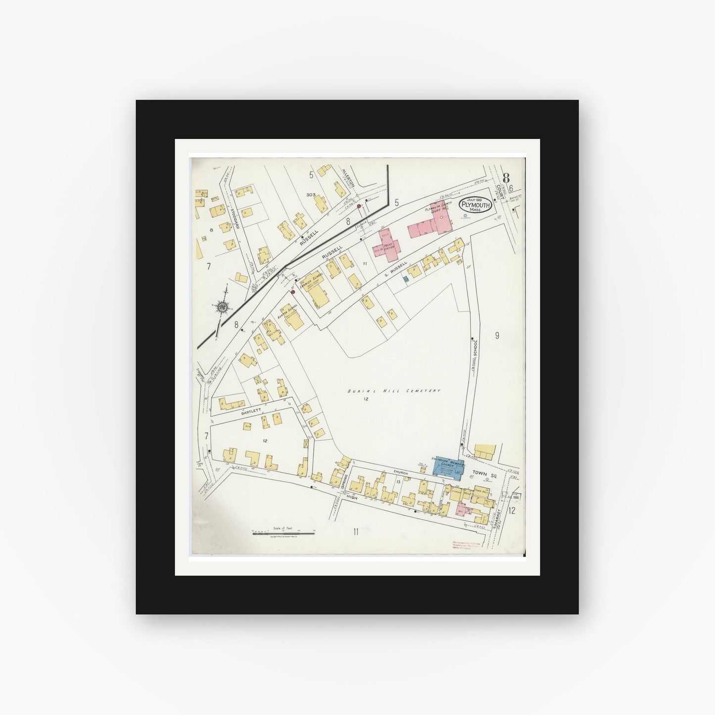 Old map wall art mockup — black gallery frame with white mat — Sanborn Fire Insurance Map from Plymouth, Plymouth County, Massachusetts (1919), Sheet #0008