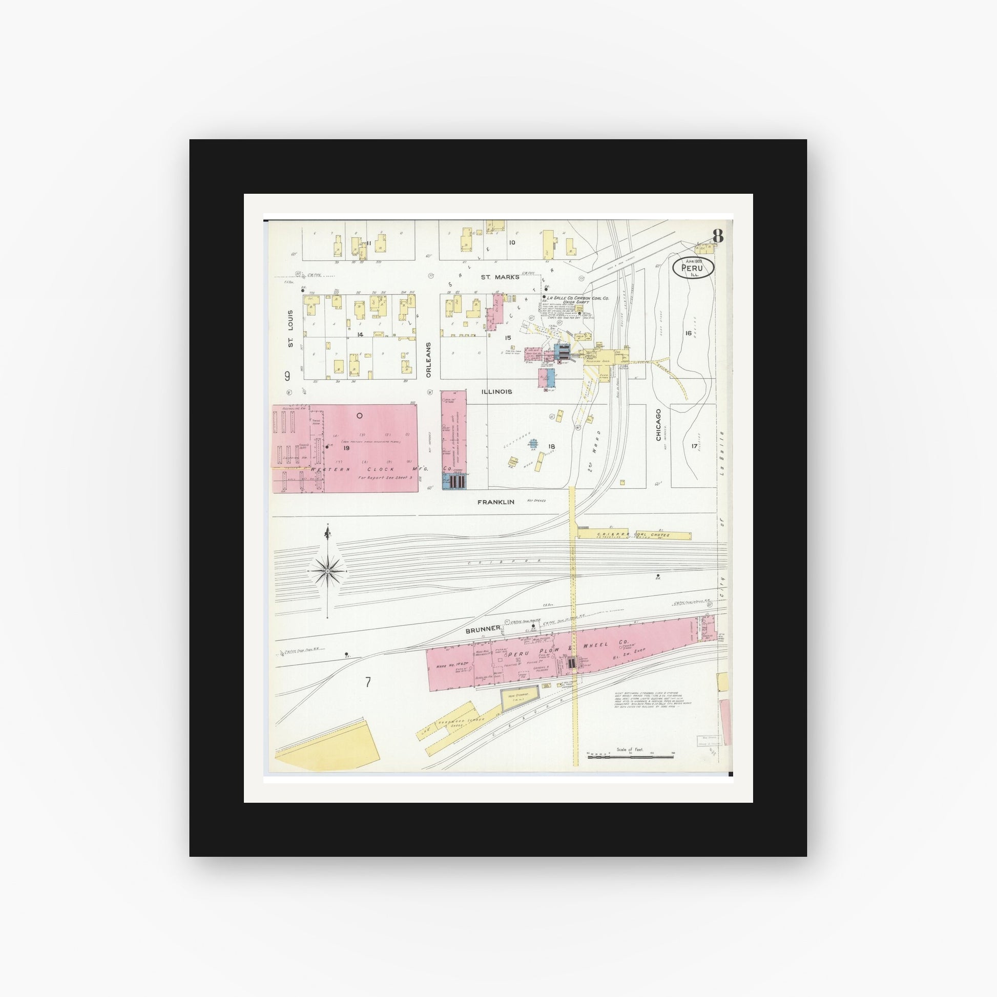 Old map wall art mockup — black gallery frame with white mat — Sanborn Fire Insurance Map from Peru, La Salle County, Illinois (1909), Sheet #0008