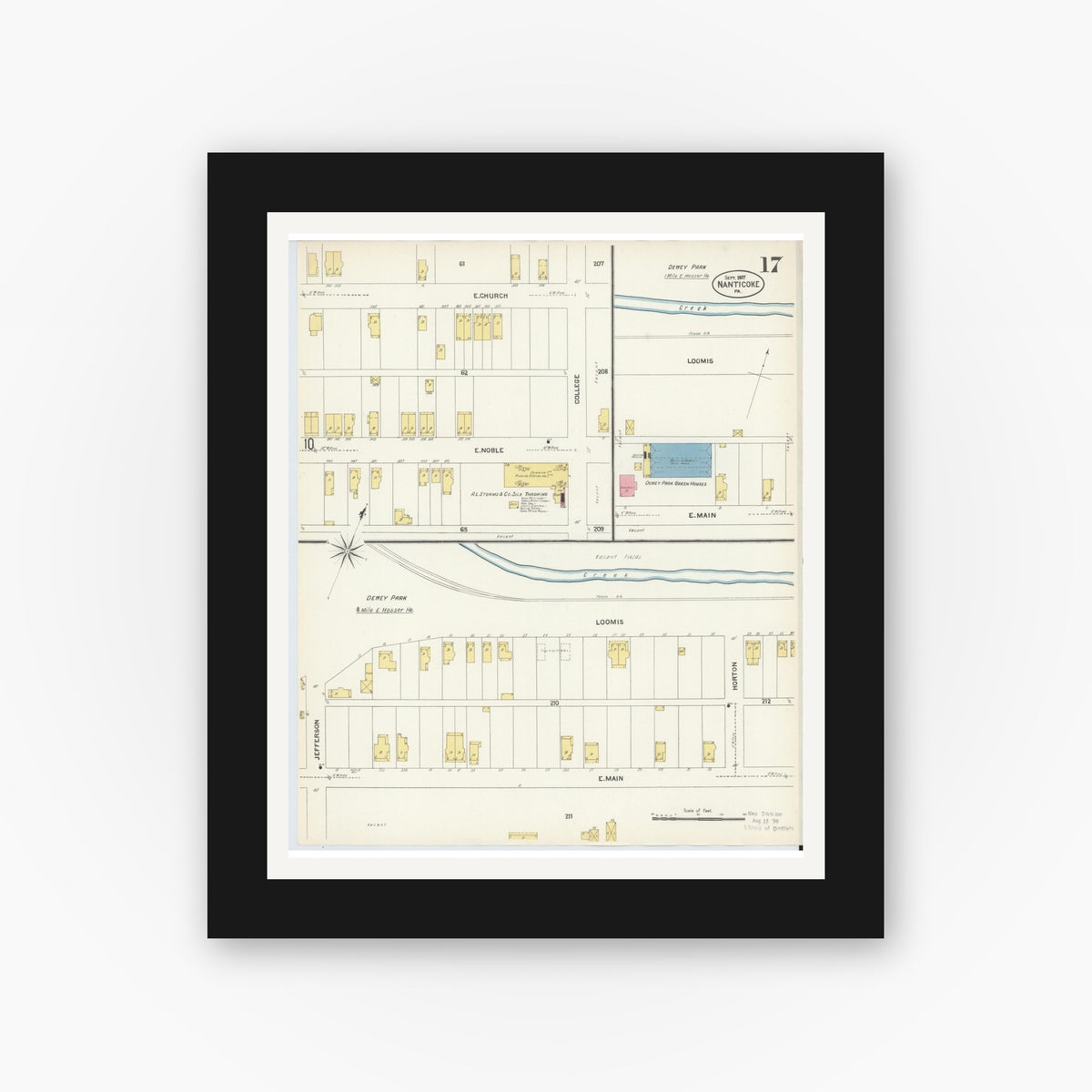Old map wall art mockup — black gallery frame with white mat — Sanborn Fire Insurance Map from Nanticoke, Luzerne County, Pennsylvania (1907), Sheet #0017