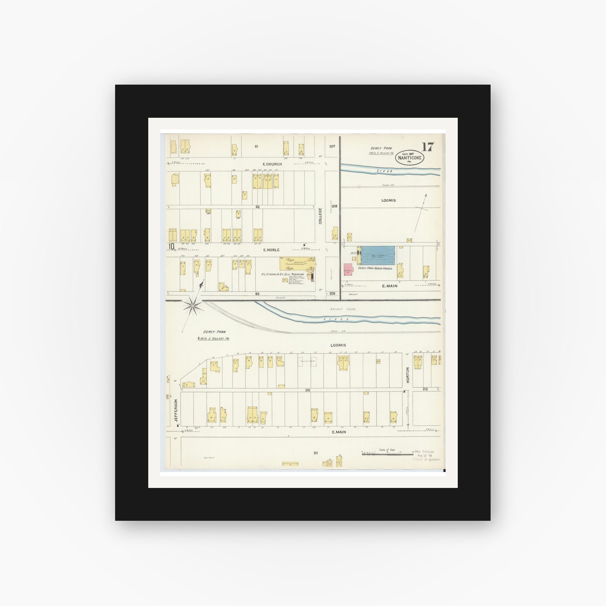 Old map wall art mockup — black gallery frame with white mat — Sanborn Fire Insurance Map from Nanticoke, Luzerne County, Pennsylvania (1907), Sheet #0017