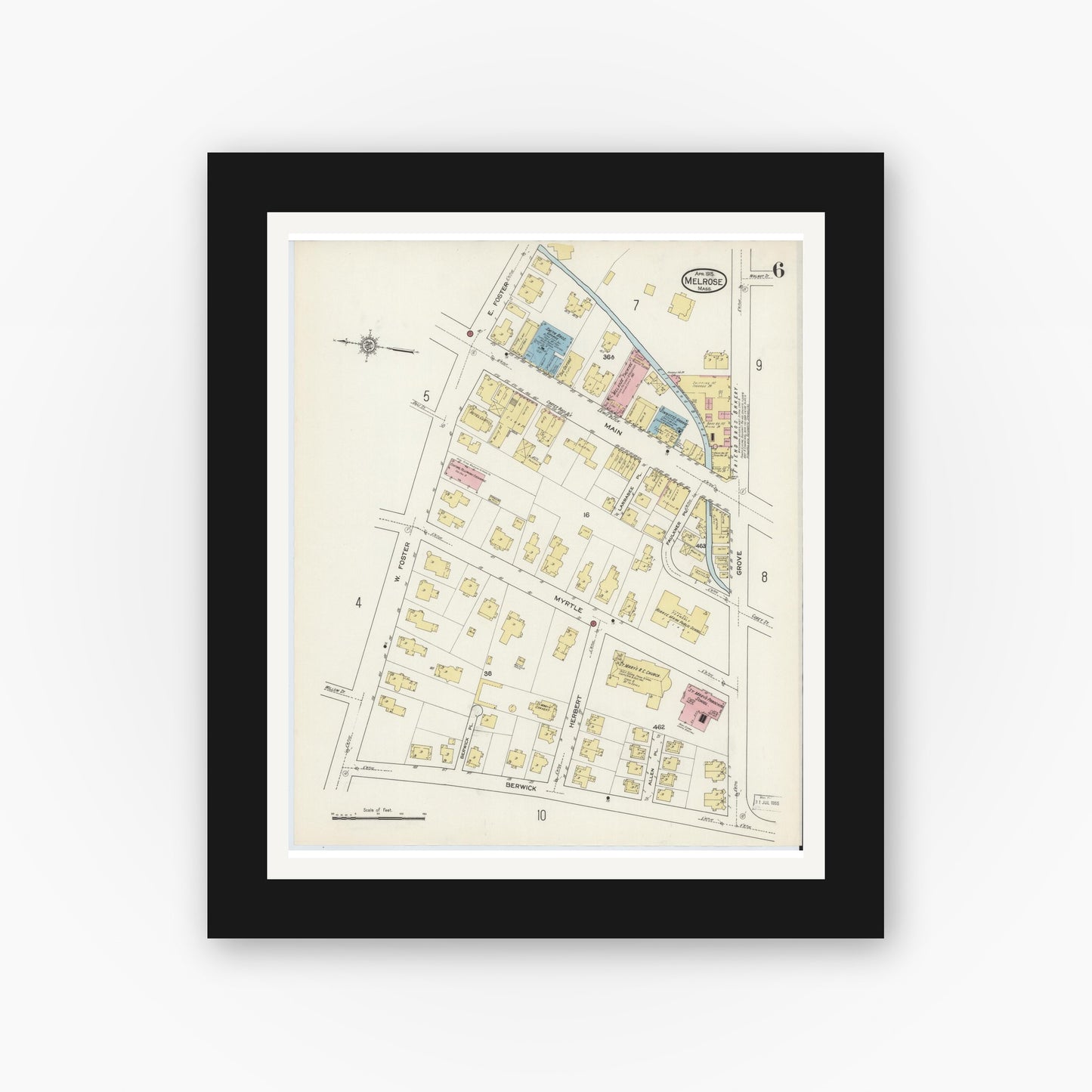 Old map wall art mockup — black gallery frame with white mat — Sanborn Fire Insurance Map from Melrose, Middlesex County, Massachusetts (1915), Sheet #0006