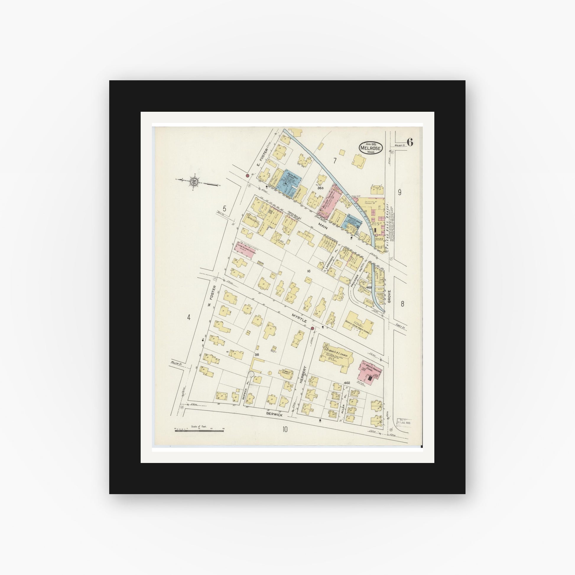 Old map wall art mockup — black gallery frame with white mat — Sanborn Fire Insurance Map from Melrose, Middlesex County, Massachusetts (1915), Sheet #0006