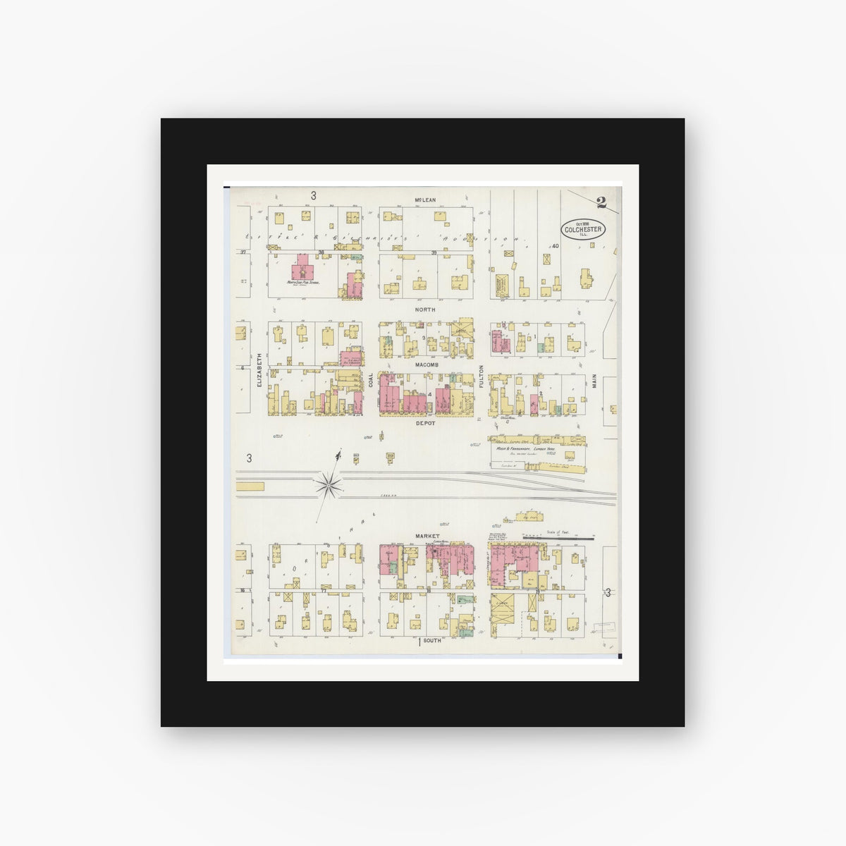 Old map wall art mockup — black gallery frame with white mat — Sanborn Fire Insurance Map from Colchester, Mcdonough County, Illinois (1898), Sheet #0002