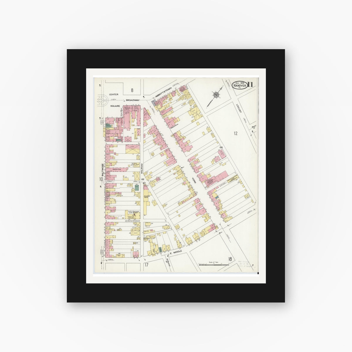 Old map wall art mockup — black gallery frame with white mat — Sanborn Fire Insurance Map from Hanover, York County, Pennsylvania (1909), Sheet #0011