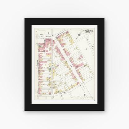 Old map wall art mockup — black gallery frame with white mat — Sanborn Fire Insurance Map from Hanover, York County, Pennsylvania (1909), Sheet #0011