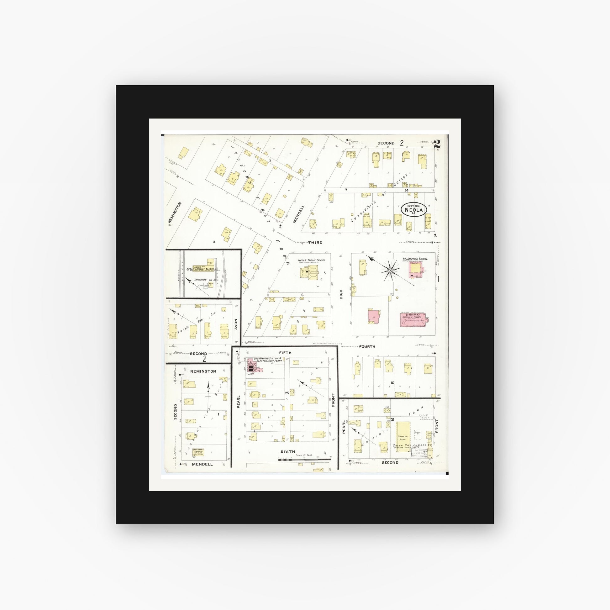 Old map wall art mockup — black gallery frame with white mat — Sanborn Fire Insurance Map from Neola, Pottawattamie County, Iowa (1908), Sheet #0002