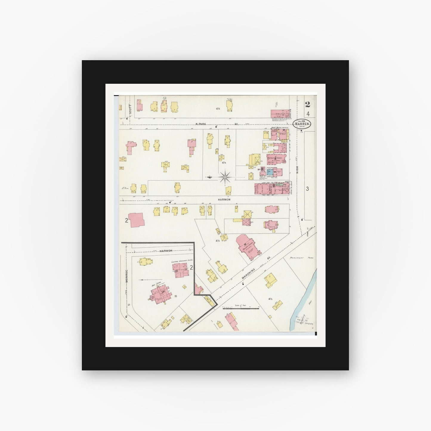 Old map wall art mockup — black gallery frame with white mat — Sanborn Fire Insurance Map from Warren, Trumbull County, Ohio (1898), Sheet #0002