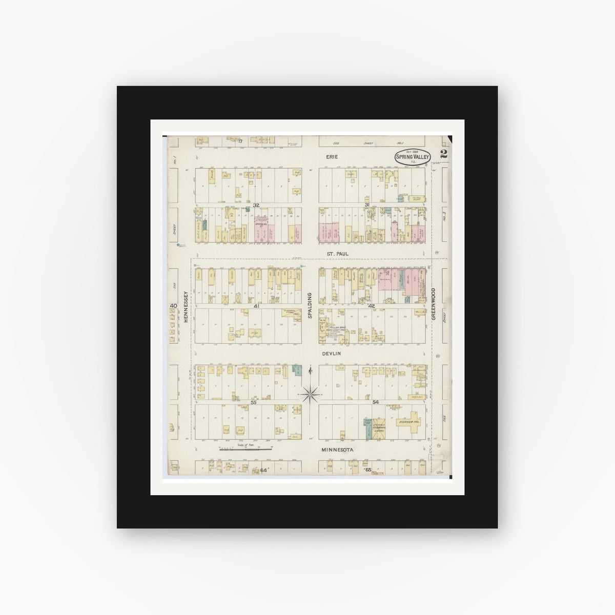 Old map wall art mockup — black gallery frame with white mat — Sanborn Fire Insurance Map from Spring Valley, Bureau County, Illinois (1888), Sheet #0002